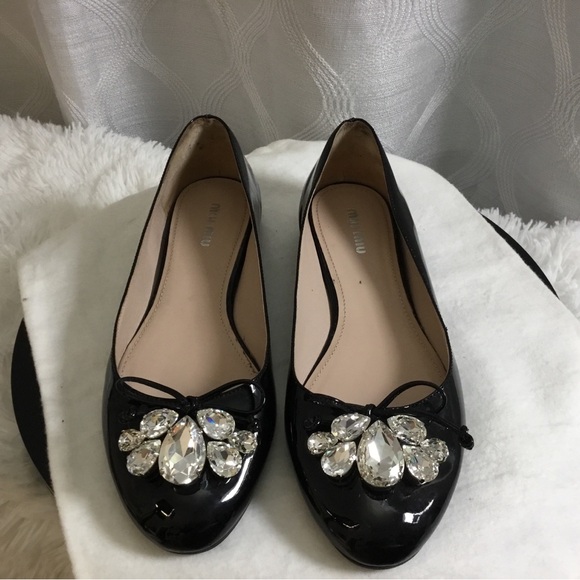 Miu Miu Shoes - Miu Miu Black Patent Leather Jeweled Swarovski Crystals Ballet Flats